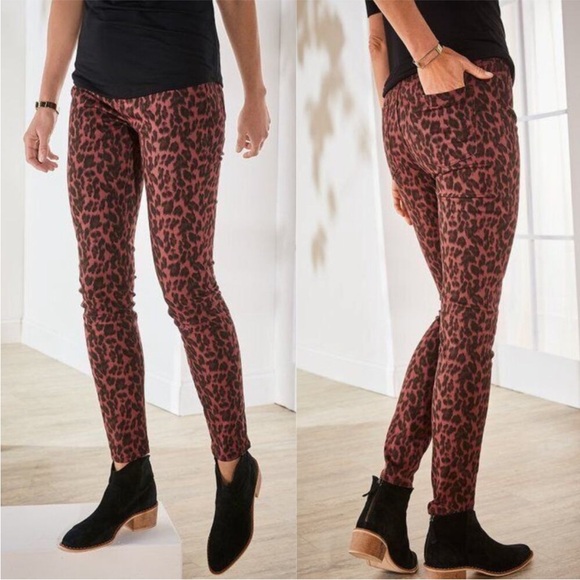 Soft Surroundings Denim - Soft Surroundings The Ultimate HR Leopard Print Skinny Jeans Black Burgundy SZ 6